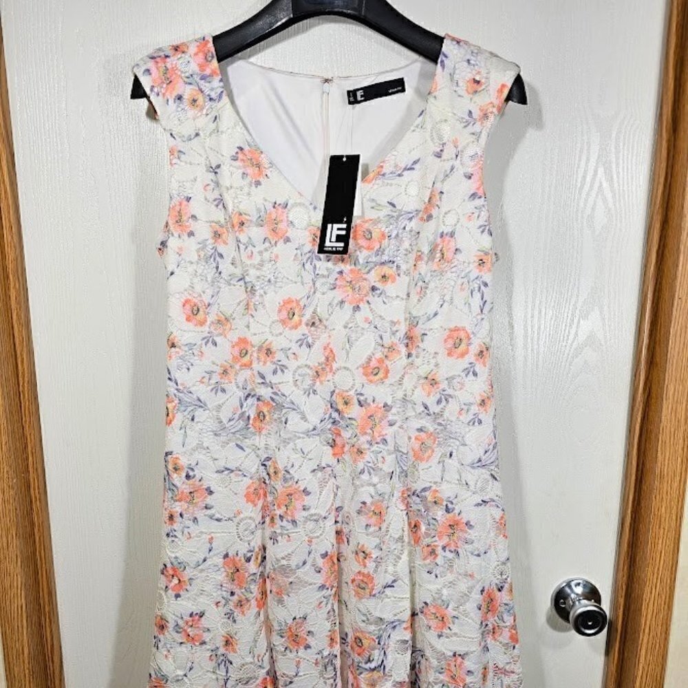 NWT LESLIE FAY Floral Dress size 12 IVORY PURPLE GREEN Lace Overlay Sleeveless - Picture 3 of 7